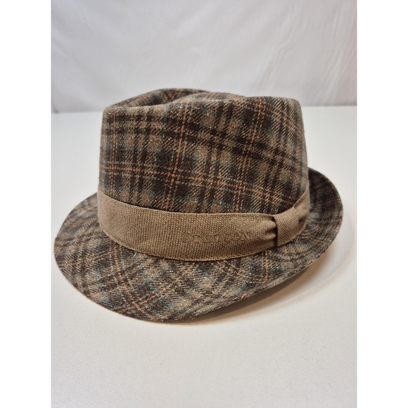 Stetson FedoraHat Fitted Men's L Brown Plaid Tweed Ribbon Band Short Brim